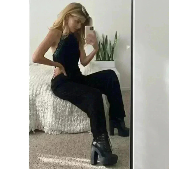 BLACK SUEDE Eyelet Embroidered Trim Self-Tie Halter Neck Open Back Jumpsuit - Picture 3 of 8